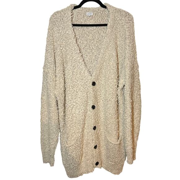 Loewe Men's Beige Yzzuf Cardigan Sweater Size XL Linen Wool Blend Shaggy Cream - Picture 2 of 16